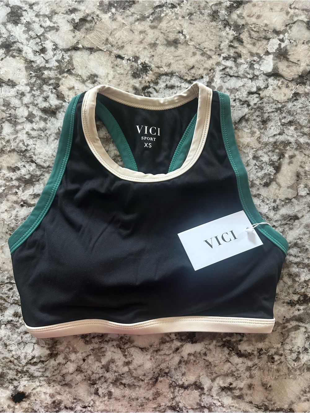 VICI Black Sports Bra with Green and Cream Trim